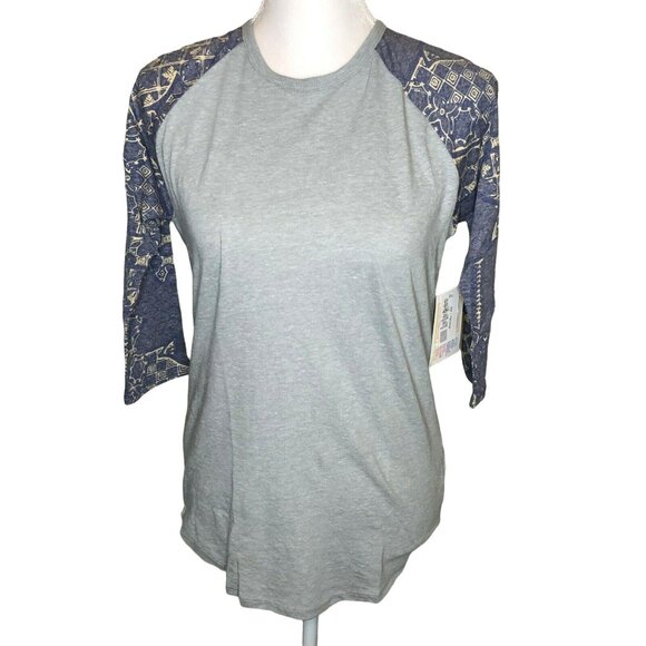 LuLaRoe Randy Baseball Style Tee Size XS Light Gray Purple Beige 3/4 sleeves NWT - Picture 1 of 9